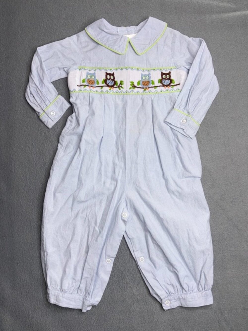 Shrimp & Grits Kids Corduroy Owl Smock Romper Long Sleeve Light Blue Mint 18M